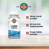 Eine Flasche "KAL L-Lysin 1000 mg" mit 50 Tabletten. Hervorgehobene Punkte: 1000 mg L-Lysin HCl pro Tablette, verbesserte Aufnahme, vegan.