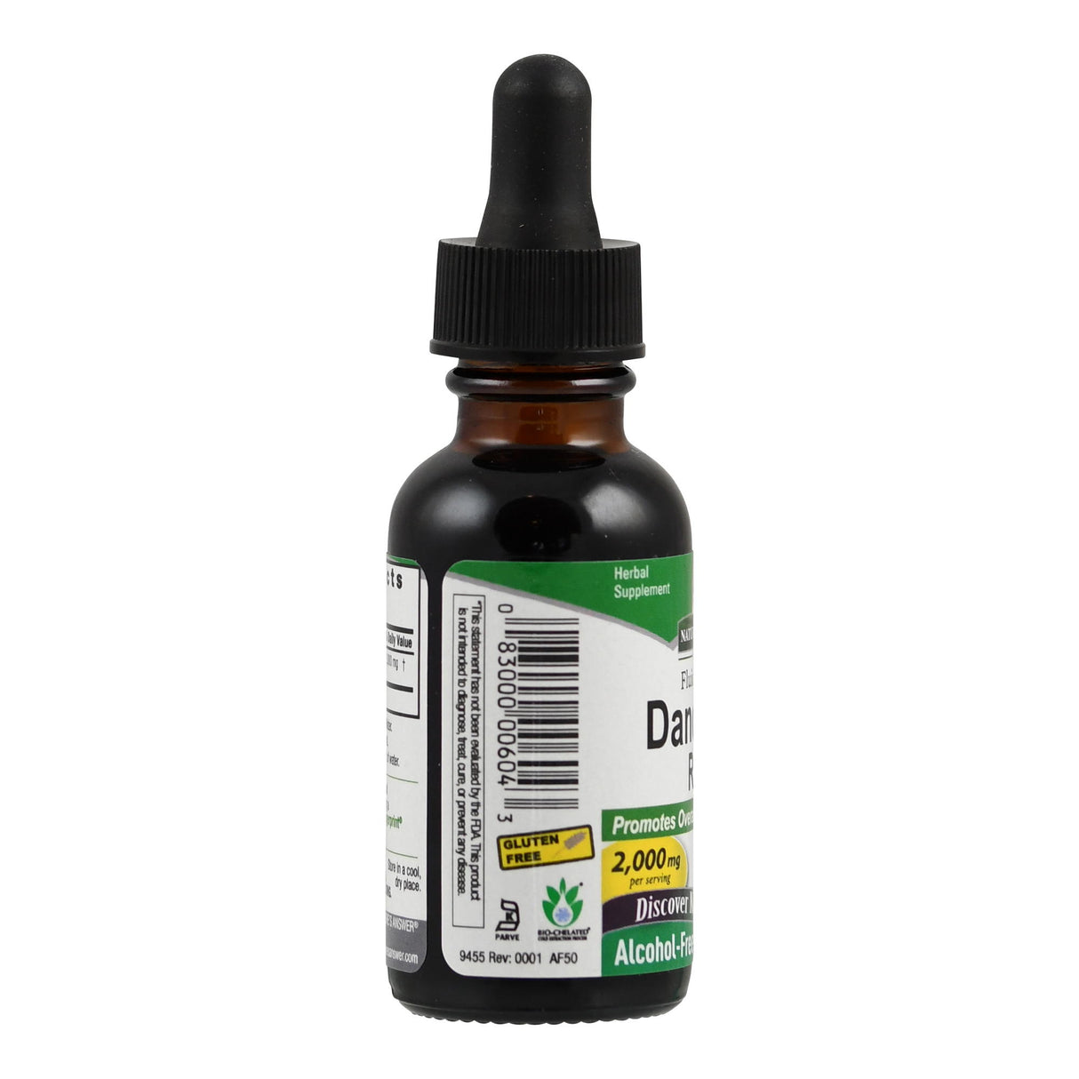 Das Bild zeigt eine braune Glasflasche mit schwarzem Tropfverschluss. Auf dem Etikett steht "Dandelion Root" und "Herbal Supplement". Es gibt auch Angaben zu Glutenfreiheit und Alkoholgehalt. Die Flasche steht aufrecht vor einem weißen Hintergrund.