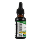 Das Bild zeigt eine braune Glasflasche mit schwarzem Tropfverschluss. Auf dem Etikett steht "Dandelion Root" und "Herbal Supplement". Es gibt auch Angaben zu Glutenfreiheit und Alkoholgehalt. Die Flasche steht aufrecht vor einem weißen Hintergrund.