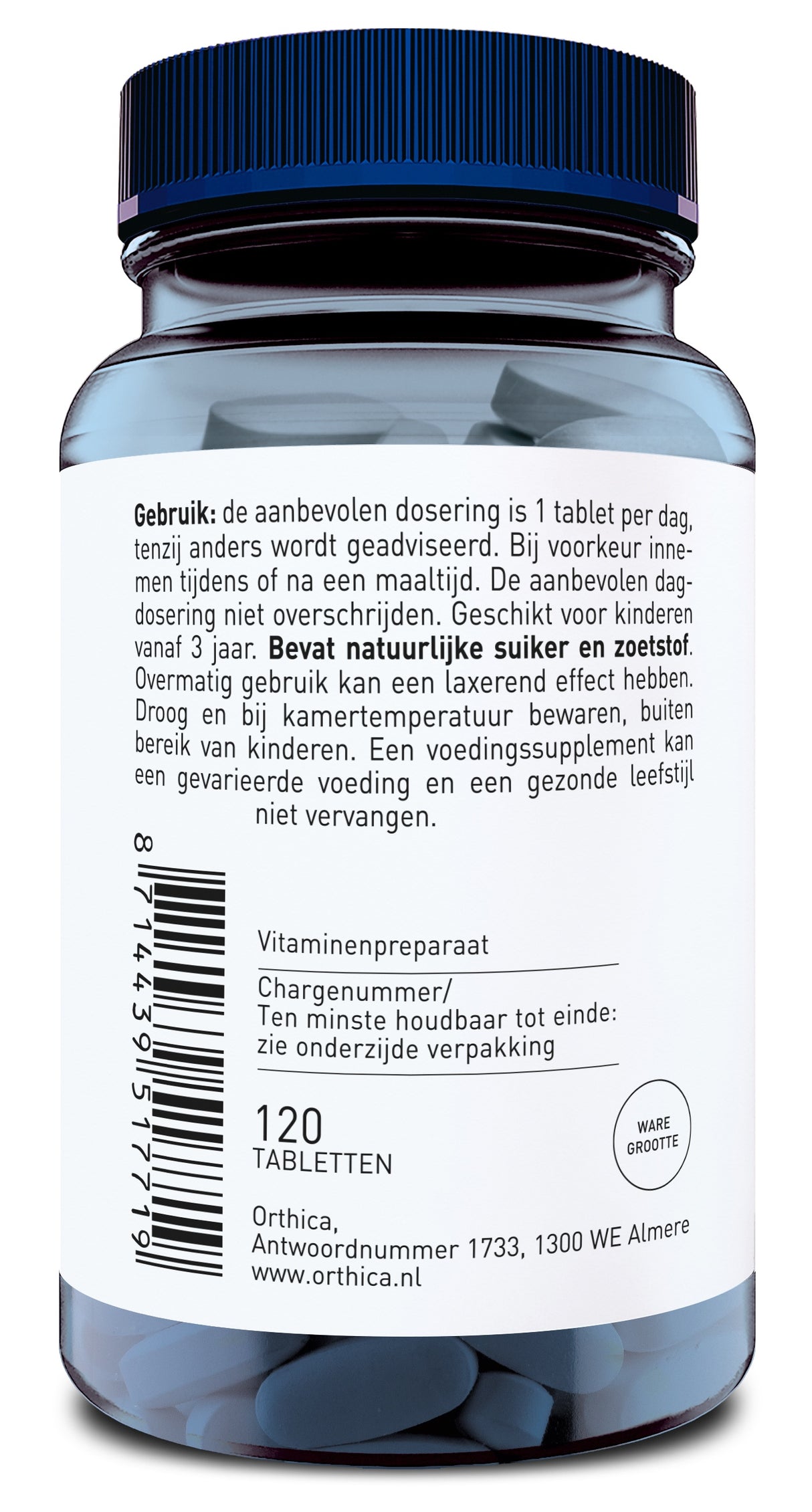Das Bild zeigt eine durchsichtige Plastikflasche mit blauem Deckel, die 120 Tabletten enthält. Auf dem weißen Etikett steht in niederländischer Sprache eine Gebrauchsanweisung. Die Flasche stammt von der Marke Orthica mit Sitz in Almere, Niederlande. Es gibt auch einen Barcode und Informationen zur Haltbarkeit.