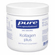 Eine weiße Plastikdose mit dem blauen Logo "pure encapsulations" und der Aufschrift "Kollagen plus". Auf dem Etikett sind außerdem "Das Original" und "Mit Pfirsich-Ceramiden" zu lesen. Die Dose enthält 140 Gramm und ist als Nahrungsergänzungsmittel mit Kollagen, Vitamin C und Hyaluronsäure gekennzeichnet. Auf der Seite sind detaillierte Nährwertangaben und Hinweise zur Anwendung abgedruckt.