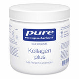 Eine weiße Plastikdose mit dem blauen Logo "pure encapsulations" und der Aufschrift "Kollagen plus". Auf dem Etikett sind außerdem "Das Original" und "Mit Pfirsich-Ceramiden" zu lesen. Die Dose enthält 140 Gramm und ist als Nahrungsergänzungsmittel mit Kollagen, Vitamin C und Hyaluronsäure gekennzeichnet. Auf der Seite sind detaillierte Nährwertangaben und Hinweise zur Anwendung abgedruckt.
