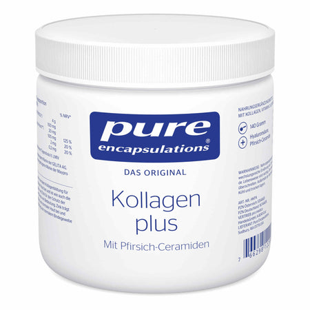 Eine weiße Plastikdose mit dem blauen Logo "pure encapsulations" und der Aufschrift "Kollagen plus". Auf dem Etikett sind außerdem "Das Original" und "Mit Pfirsich-Ceramiden" zu lesen. Die Dose enthält 140 Gramm und ist als Nahrungsergänzungsmittel mit Kollagen, Vitamin C und Hyaluronsäure gekennzeichnet. Auf der Seite sind detaillierte Nährwertangaben und Hinweise zur Anwendung abgedruckt.