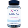 Die Abbildung zeigt eine Flasche mit dem Etikett 'Orthica Orthiflor Fem'. Es handelt sich um ein Nahrungsergänzungsmittel mit 60 vegetarischen Kapseln. Auf dem Etikett steht 'Probiotica voor de vrouw', was auf die Zielgruppe Frauen hinweist.