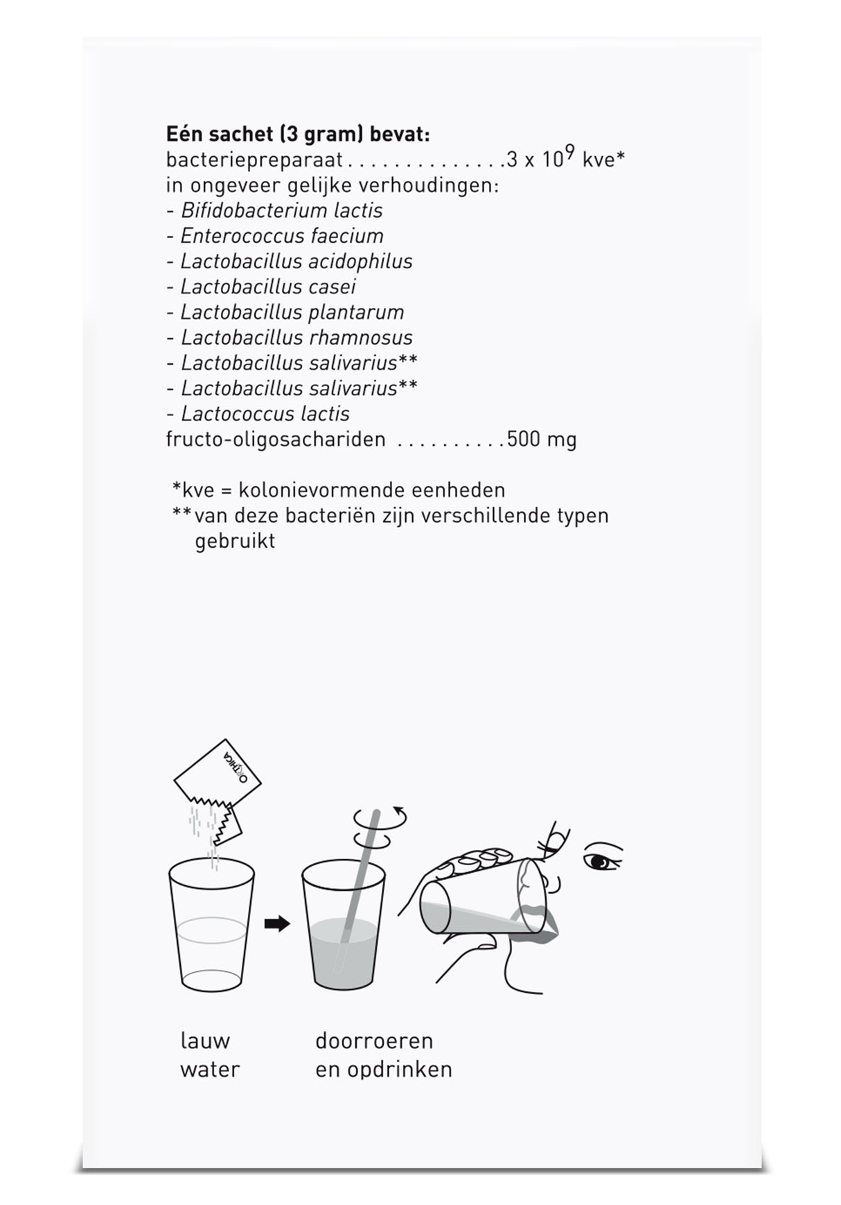 Das Bild zeigt eine Verpackungsbeilage mit der Inhaltsangabe eines probiotischen Produkts. Es enthält Bakterienstämme wie Bifidobacterium lactis und Lactobacillus acidophilus. Unten ist eine Anleitung zur Einnahme abgebildet: Das Pulver wird in lauwarmes Wasser gegeben, umgerührt und getrunken. Die Beschriftung ist auf Niederländisch.