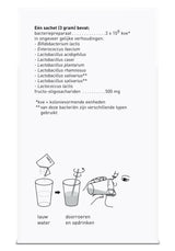 Das Bild zeigt eine Verpackungsbeilage mit der Inhaltsangabe eines probiotischen Produkts. Es enthält Bakterienstämme wie Bifidobacterium lactis und Lactobacillus acidophilus. Unten ist eine Anleitung zur Einnahme abgebildet: Das Pulver wird in lauwarmes Wasser gegeben, umgerührt und getrunken. Die Beschriftung ist auf Niederländisch.