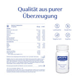 Das Bild zeigt ein Produktetikett von "pure encapsulations" mit der Aufschrift "Haut-Haare-Nägel". Es enthält eine Tabelle mit Inhaltsstoffen und deren Mengenangaben, darunter Vitamine und Spurenelemente. Icons zeigen, dass das Produkt laktosefrei, glutenfrei, vegetarisch und sojafrei ist. Ein Slogan "Qualität aus purer Überzeugung" ist sichtbar. Eine Produktflasche ist unten rechts abgebildet.