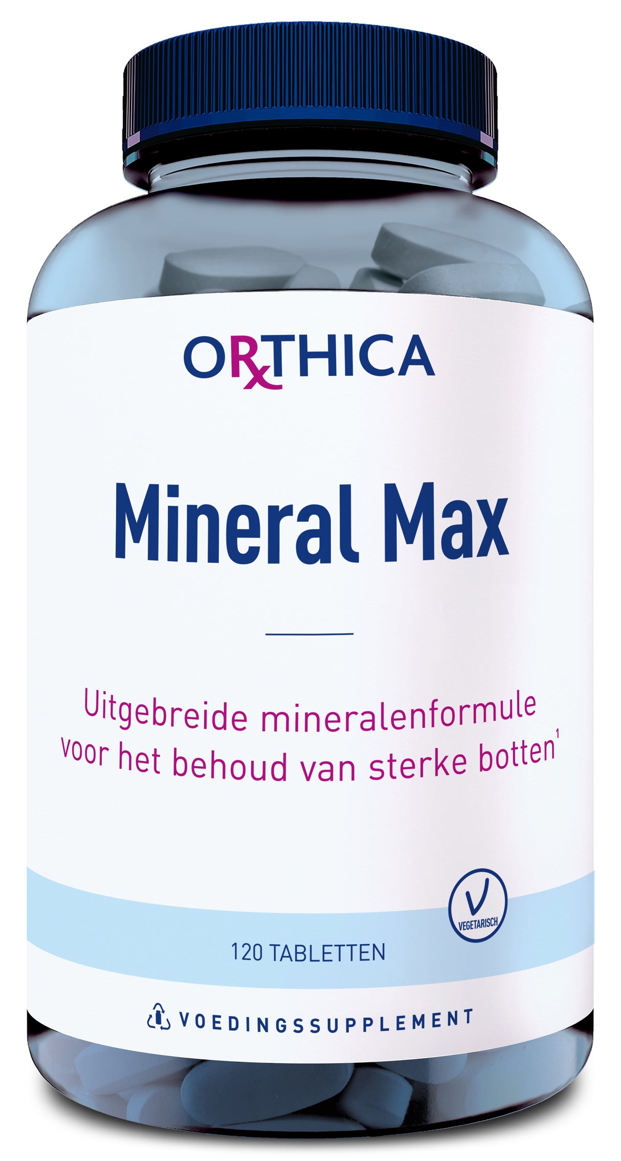 Eine große Plastikflasche mit dunkelblauem Deckel, die 120 Tabletten eines Nahrungsergänzungsmittels enthält. Auf dem Etikett steht 'Orthica Mineral Max' und 'Uitgebreide mineralenformule voor het behoud van sterke botten'. Die Flasche ist durchsichtig und zeigt die blauen Tabletten im Inneren. Das Produkt ist vegetarisch und als Nahrungsergänzungsmittel gekennzeichnet.