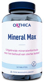 Eine große Plastikflasche mit dunkelblauem Deckel, die 120 Tabletten eines Nahrungsergänzungsmittels enthält. Auf dem Etikett steht 'Orthica Mineral Max' und 'Uitgebreide mineralenformule voor het behoud van sterke botten'. Die Flasche ist durchsichtig und zeigt die blauen Tabletten im Inneren. Das Produkt ist vegetarisch und als Nahrungsergänzungsmittel gekennzeichnet.