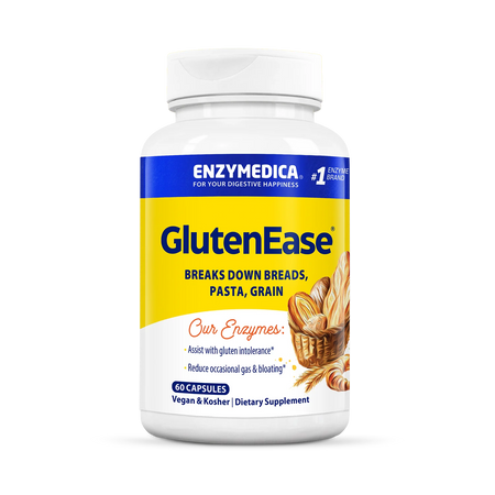 Flasche mit Nahrungsergänzungsmittel "GlutenEase" von Enzymedica. Hilft beim Abbau von Gluten in Brot, Pasta und Getreide. 60 Kapseln, vegan und koscher.