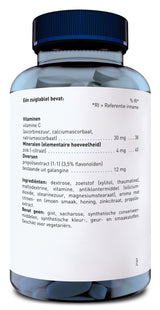 Das Bild zeigt eine Flasche mit Nahrungsergänzungsmitteln. Auf dem Etikett sind die Inhaltsstoffe aufgeführt, darunter Vitamin C, Zink und Propolisextrakt. Die Flasche hat einen blauen Deckel und ist teilweise durchsichtig, sodass man die Tabletten im Inneren sehen kann. Die Inhaltsstoffe sind in niederländischer Sprache angegeben.