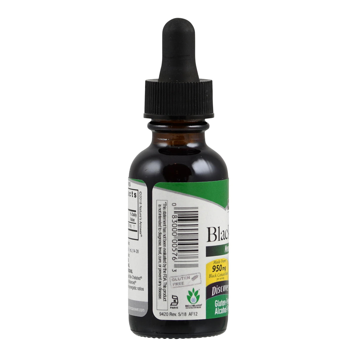 Eine dunkle Glasflasche mit Pipette, teilweise sichtbarem Etikett mit Texten wie 'Black Cohosh', '950mg' und 'Gluten Free'. Die Flasche steht vor einem weißen Hintergrund.