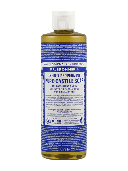 Eine Flasche Dr. Bronner's 18-in-1 Pfefferminzseife. Die Flasche ist transparent mit einem blauen Etikett, das detaillierte Informationen über das Produkt enthält. Die Seife ist für den Körper, Hände und mehr geeignet und aus biologischen Ölen hergestellt. Das Etikett betont die Fair-Trade-Zertifizierung und die Vielseitigkeit des Produkts. Das Volumen beträgt 475 ml.
