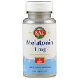Eine Flasche mit Melatonin-Tabletten der Marke KAL. Die Flasche ist weiß mit einem blauen Etikett, auf dem "Melatonin 1 mg" steht. Sie enthält 120 Tabletten und ist ein Nahrungsergänzungsmittel. Das Etikett zeigt auch "100 % reines Melatonin" und "1 Daily".