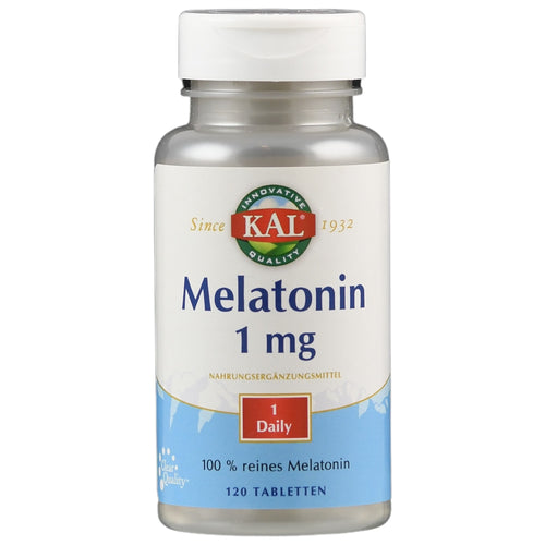 Eine Flasche mit Melatonin-Tabletten der Marke KAL. Die Flasche ist weiß mit einem blauen Etikett, auf dem "Melatonin 1 mg" steht. Sie enthält 120 Tabletten und ist ein Nahrungsergänzungsmittel. Das Etikett zeigt auch "100 % reines Melatonin" und "1 Daily".