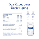 Das Bild zeigt ein Produktetikett für ein Vitamin-B-Komplex-Präparat der Marke Pure Encapsulations. Auf der linken Seite ist die Inhaltsstoffliste mit Mengenangaben und NRV-Prozentsätzen zu sehen, darunter Vitamin B1, B2, B6, B12, Biotin, Folat, Niacin und Pantothensäure. Rechts befindet sich eine weiße Flasche mit einem weißen Etikett, auf dem 'B-Complex' steht. Oberhalb der Flasche sind Symbole für laktosefrei, glutenfrei, vegan und sojafrei abgebildet. Der Slogan 'Qualität aus purer Überzeugung' steht ob