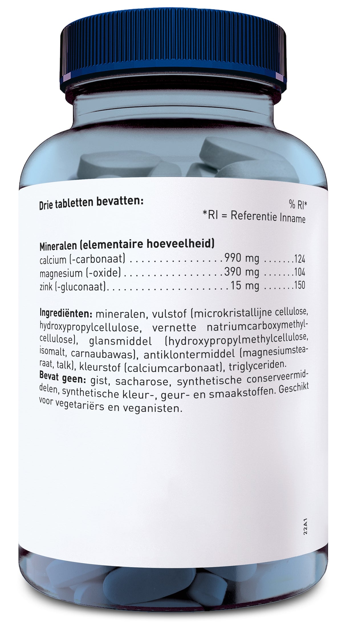 Eine durchsichtige Plastikflasche mit blauem Deckel, gefüllt mit weißen Tabletten. Auf dem Etikett stehen Informationen zu Inhaltsstoffen und Nährwerten, wie Calcium, Magnesium und Zink. Die Flasche ist für Vegetarier und Veganer geeignet.