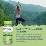 Frau macht Yoga vor bewaldeter Landschaft. Links ein Produkt namens Solaray Sweet Wormwood. Text beschreibt es als asiatisches Kraut.