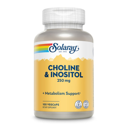 Flasche mit Solaray Choline & Inositol 250 mg, 100 VegCaps, Nahrungsergänzungsmittel zur Unterstützung des Stoffwechsels.