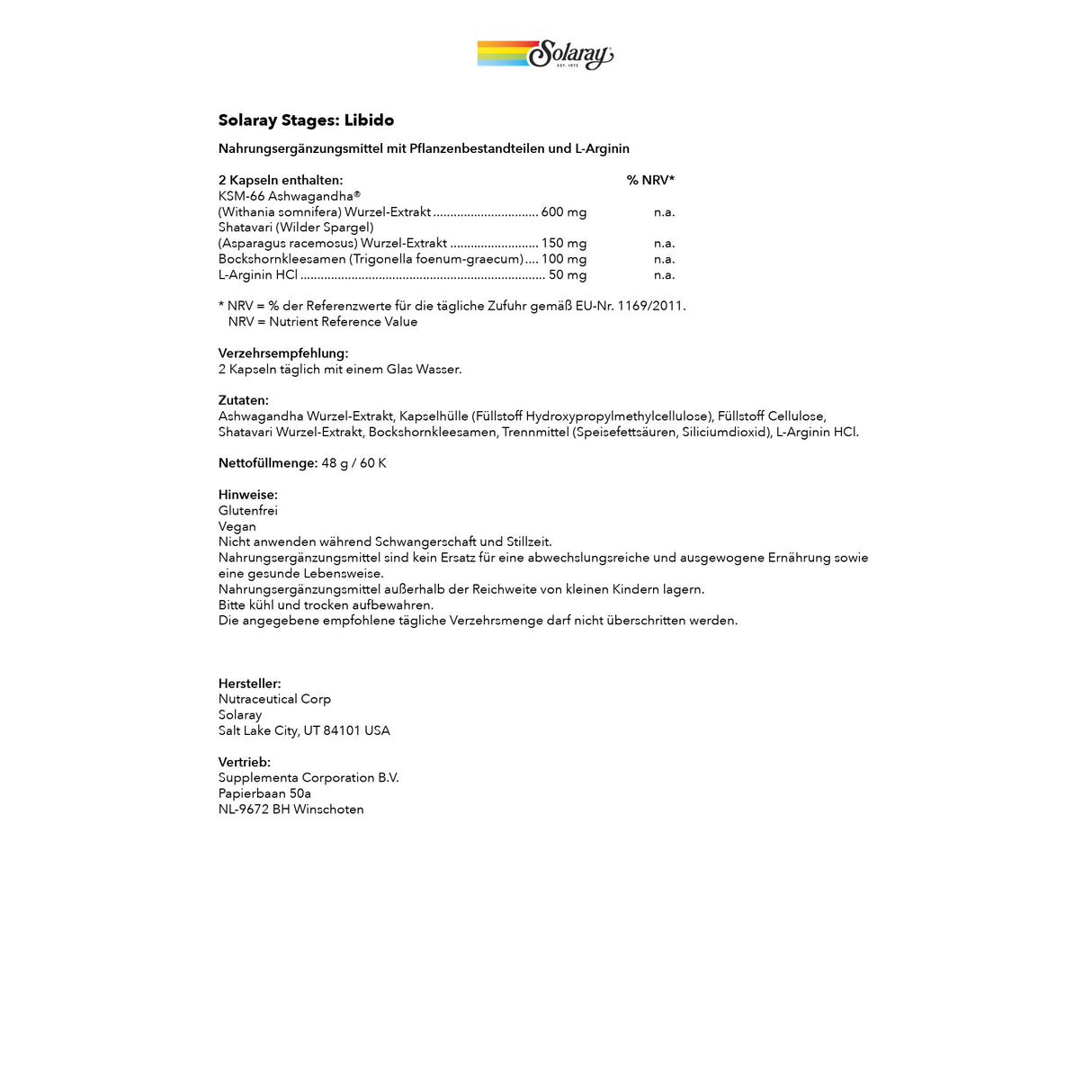 Ein Etikett für das Nahrungsergänzungsmittel 'Solaray Stages: Libido' mit Pflanzenbestandteilen und L-Arginin. Es zeigt die Inhaltsstoffe wie Ashwagandha und Shatavari, Verzehrempfehlung, Herstellerinformationen und Hinweise zur Anwendung.