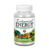 Eine weiße Plastikflasche mit der Aufschrift 'Enhanced Energy Whole Food Multivitamin'. Die Flasche zeigt Bilder von Gemüse und Obst und enthält 90 vegetarische Tabletten. Auf dem Etikett steht '1 Daily' und '35 EcoGanic Foods'.