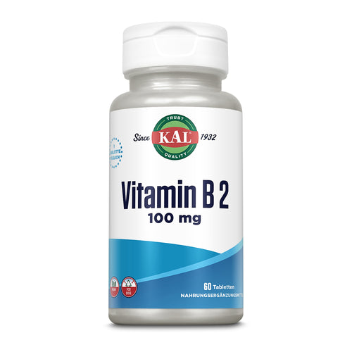 Eine weiße Plastikflasche mit einem Etikett, das den Markennamen 'KAL', 'Vitamin B2 100 mg' und '60 Tabletten' zeigt. Das Etikett ist weiß mit blauen und roten Akzenten. Die Flasche steht aufrecht vor einem weißen Hintergrund.