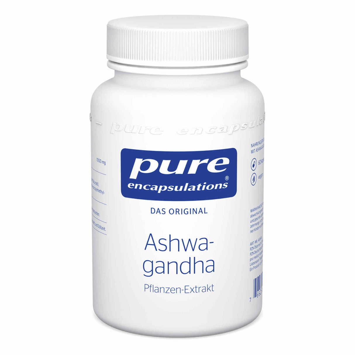 Ein weißer Behälter mit Schraubverschluss, auf dem das Logo 'pure encapsulations' und der Text 'Ashwagandha Pflanzen-Extrakt' zu sehen sind.