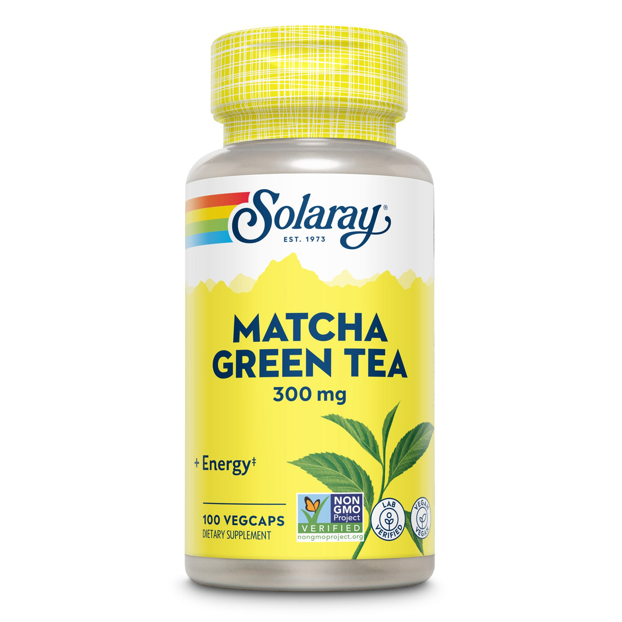 Die Abbildung zeigt eine gelbe Flasche mit einem Schraubverschluss, auf der 'Solaray Matcha Green Tea 300 mg' steht. Die Flasche enthält 100 vegetarische Kapseln und ist als Nahrungsergänzungsmittel gekennzeichnet. Auf dem Etikett sind Symbole für gentechnikfreie und laborgeprüfte Produkte zu sehen. Das Etikett hat ein grünes Teeblatt als Design.