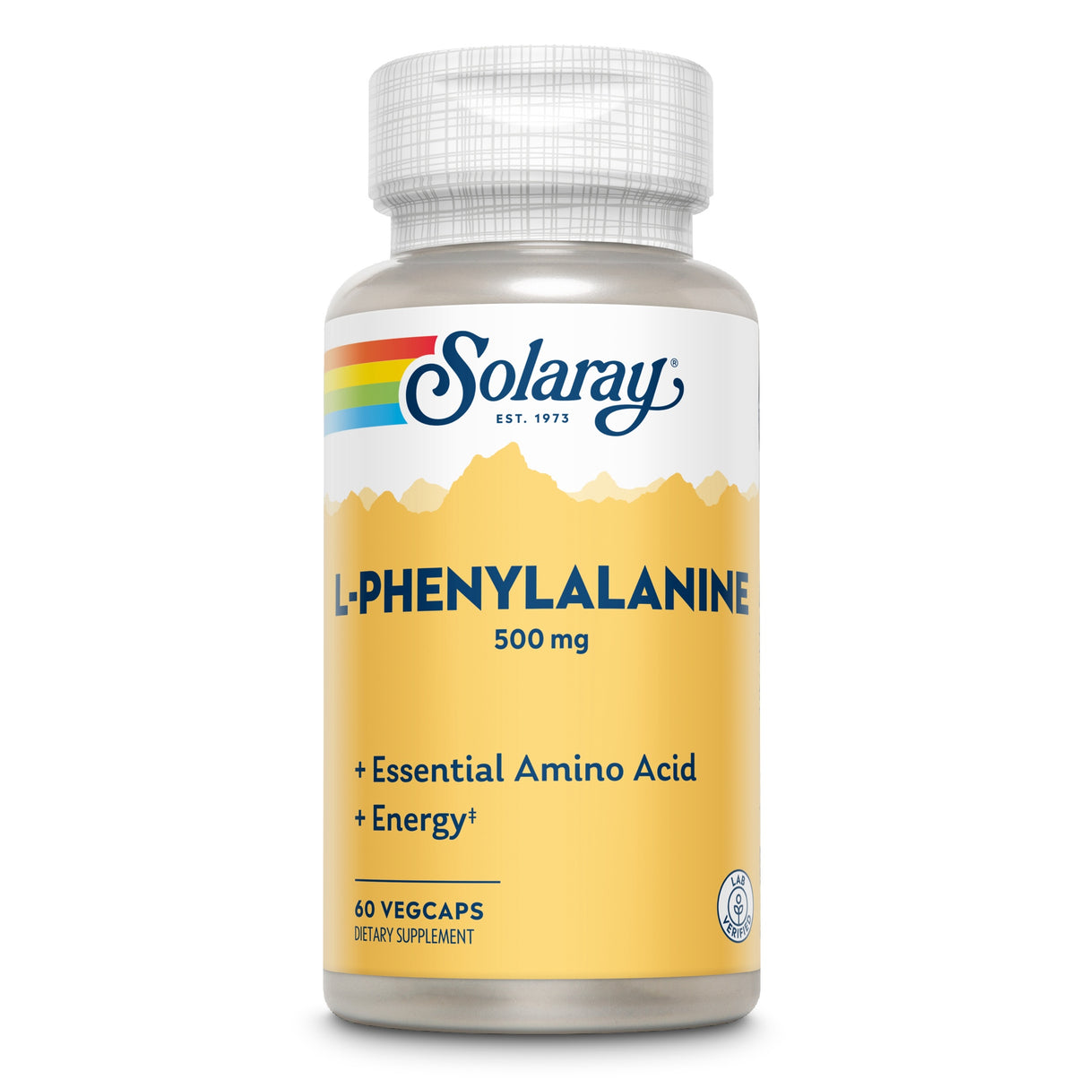 Eine weiße Flasche mit gelbem Etikett, auf dem "Solaray L-Phenylalanine 500 mg" steht. Es gibt Hinweise auf essenzielle Aminosäure und Energie. Die Flasche enthält 60 Veggie-Kapseln. Das Etikett zeigt ein Bergmotiv und das Logo von Solaray.