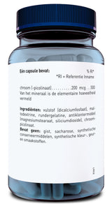 Das Bild zeigt eine durchsichtige Kunststoffflasche mit einem blauen Schraubverschluss, die mit blauen Kapseln gefüllt ist. Auf dem weißen Etikett sind Informationen auf Niederländisch zu den Inhaltsstoffen der Kapseln aufgedruckt.