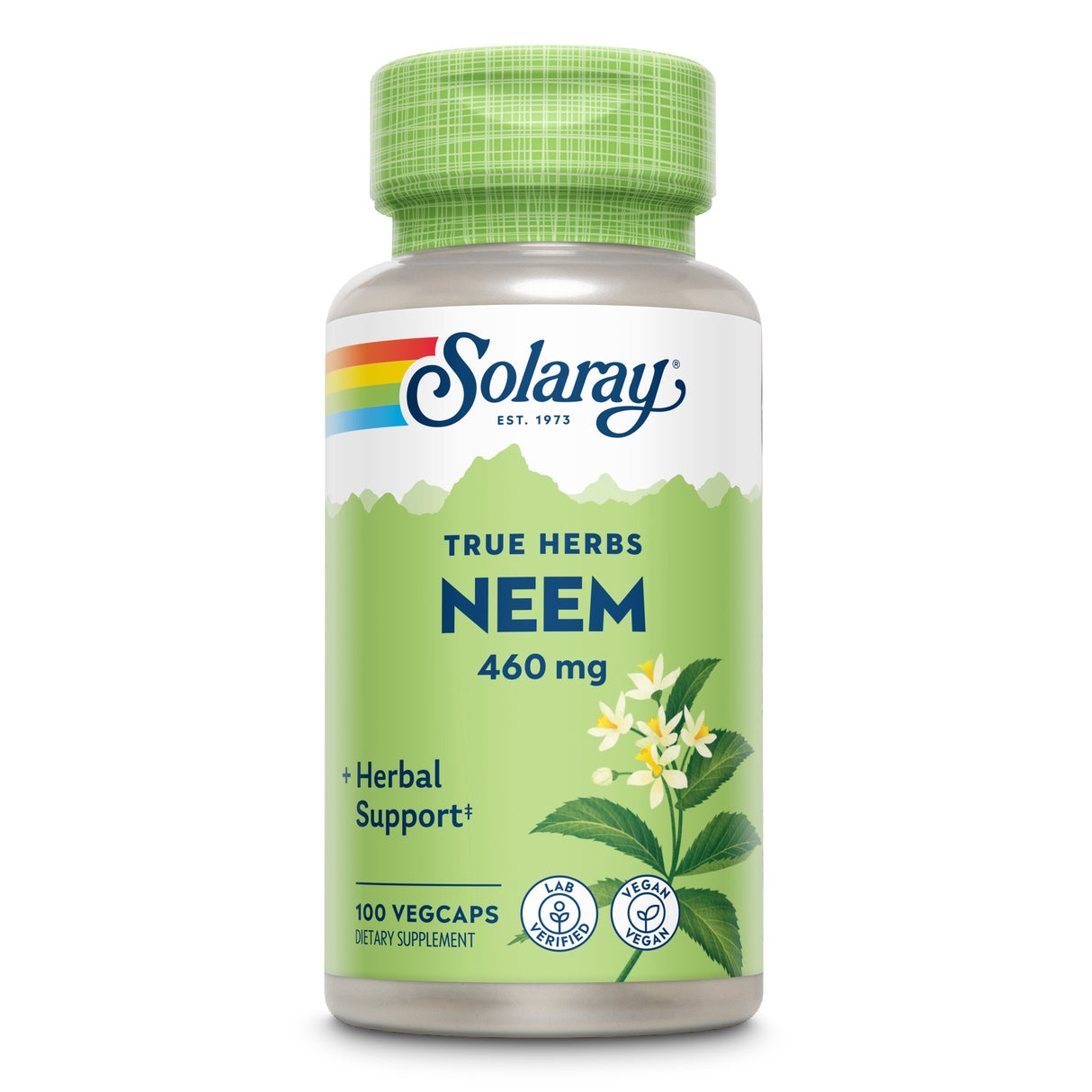 Flasche mit grünem Etikett von Solaray, "True Herbs Neem 460 mg", 100 Vegcaps, vegan, pflanzliche Unterstützung.