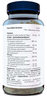 Das Bild zeigt eine Flasche mit einem blauen Deckel und einem weißen Etikett. Auf dem Etikett ist eine Liste von Inhaltsstoffen und Nährwertangaben zu sehen. Die Flasche enthält Softgel-Kapseln mit verschiedenen Vitaminen und Pflanzenextrakten wie Oenothera biennisöl, Cimicifuga racemosaextrakt und Trifolium pratensextrakt. Es gibt auch Angaben zu Omega-3- und Omega-6-Fettsäuren. Die Zutatenliste ist detailliert und umfasst auch Informationen über die Abwesenheit von Hefe, Saccharose und synthetischen Farb-