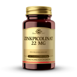 Das Bild zeigt eine braune Plastikflasche mit einem goldenen Etikett auf der Vorderseite. Auf dem Etikett steht "SOLGAR Zinkpicolinat 22 MG". Die Flasche enthält 100 Tabletten und ist für Veganer geeignet. Das Etikett hat goldene und schwarze Schrift auf einem goldenen Hintergrund. Die Marke "SOLGAR" ist oben auf dem Etikett abgebildet.