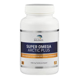 Eine weiße Plastikflasche mit einem Schraubverschluss, die das Nahrungsergänzungsmittel 'Super Omega Arctic Plus' von American Biologics enthält. Das Etikett ist blau und weiß mit orangefarbenen Akzenten und informiert darüber, dass das Produkt 1000 mg Fischöl pro Kapsel enthält und 90 Kapseln in der Flasche sind.