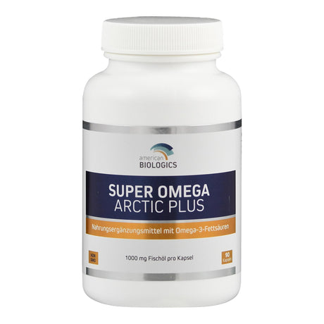 Eine weiße Plastikflasche mit einem Schraubverschluss, die das Nahrungsergänzungsmittel 'Super Omega Arctic Plus' von American Biologics enthält. Das Etikett ist blau und weiß mit orangefarbenen Akzenten und informiert darüber, dass das Produkt 1000 mg Fischöl pro Kapsel enthält und 90 Kapseln in der Flasche sind.