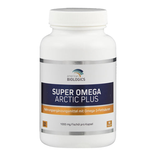 Eine weiße Plastikflasche mit einem Schraubverschluss, die das Nahrungsergänzungsmittel 'Super Omega Arctic Plus' von American Biologics enthält. Das Etikett ist blau und weiß mit orangefarbenen Akzenten und informiert darüber, dass das Produkt 1000 mg Fischöl pro Kapsel enthält und 90 Kapseln in der Flasche sind.