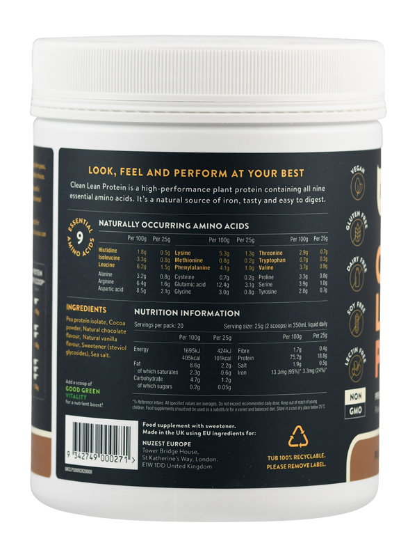 Etikett eines Proteinpulvers mit Nährwertangaben, Zutatenliste und Aminosäurenprofil. Enthält Hinweise auf Vegan, Glutenfrei, und recycelbare Verpackung.