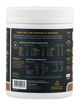 Etikett eines Proteinpulvers mit Nährwertangaben, Zutatenliste und Aminosäurenprofil. Enthält Hinweise auf Vegan, Glutenfrei, und recycelbare Verpackung.