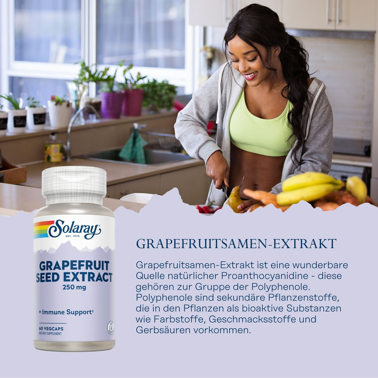 Frau in Küche schneidet Obst, daneben Grapefruitsamen-Extrakt-Flasche mit Text über Vorteile von Proanthocyanidine und Polyphenolen.
