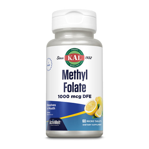 Eine Flasche KAL Methyl Folate 1000 mcg DFE, 60 Mikrotabletten, Zitronengeschmack.