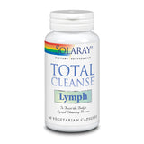 Ein weißes Fläschchen mit der Aufschrift 'Solaray Total Cleanse Lymph' steht vor einem weißen Hintergrund. Das Etikett zeigt einen Regenbogenstreifen oben und die Worte 'Dietary Supplement'. Es enthält 60 vegetarische Kapseln zur Unterstützung des Lymphsystems.