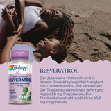 Zwei lachende Personen liegen am Strand. Im Vordergrund ist eine Flasche Solaray Resveratrol abgebildet. Text beschreibt Inhaltsstoffe und Nutzen.