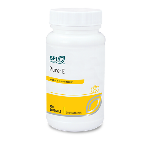 Eine weiße Plastikflasche mit einem gelben Etikett, auf dem "SFI Health Pure-E" steht. Das Etikett betont die Unterstützung der Gewebegesundheit. Enthält 100 Softgels.