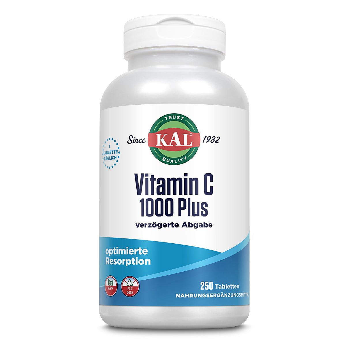 Eine weiße Plastikflasche mit einem weißen Deckel. Auf dem Etikett steht 'KAL Vitamin C 1000 Plus verzögerte Abgabe'. Die Flasche enthält 250 Tabletten und ist für optimierte Resorption gedacht. Das Etikett hat blaue und grüne Elemente und das Logo 'KAL' ist prominent platziert.