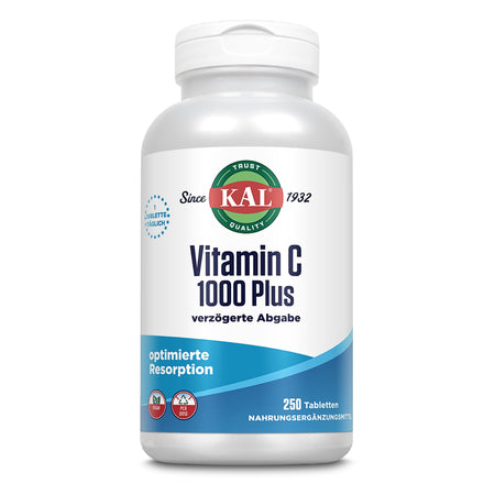 Eine weiße Plastikflasche mit einem weißen Deckel. Auf dem Etikett steht 'KAL Vitamin C 1000 Plus verzögerte Abgabe'. Die Flasche enthält 250 Tabletten und ist für optimierte Resorption gedacht. Das Etikett hat blaue und grüne Elemente und das Logo 'KAL' ist prominent platziert.