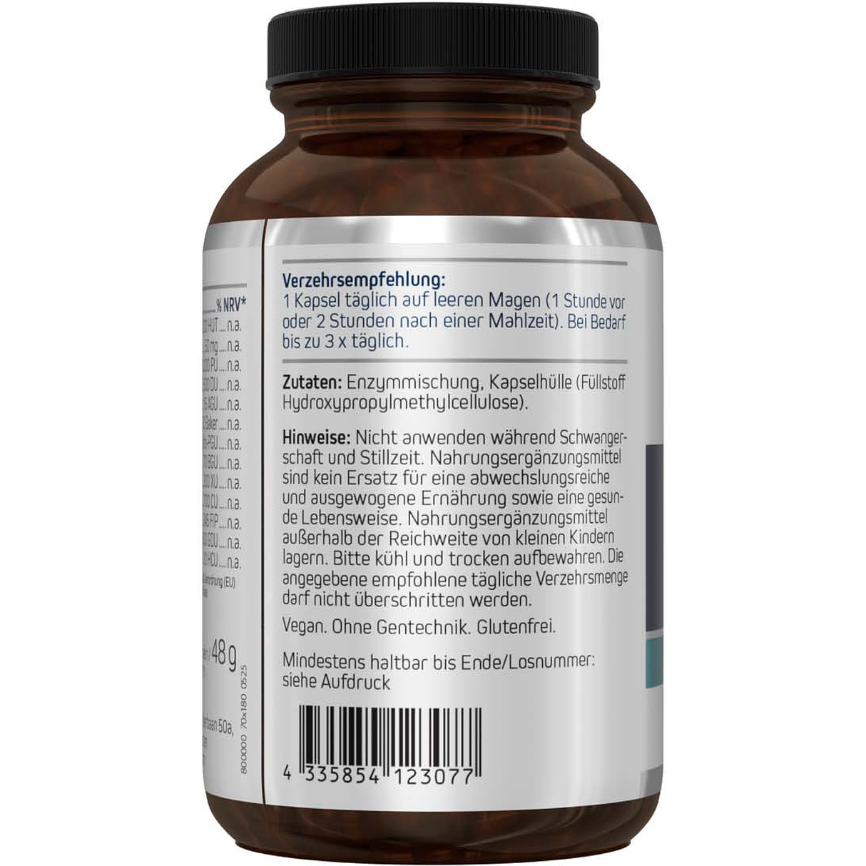 Eine weiße Plastikflasche mit einem Etikett von 'American Biologics' steht aufrecht. Auf dem Etikett steht 'INTERCLEAN', ein Nahrungsergänzungsmittel mit Enzymen. Die Flasche ist vegan, non-GMO und hat eine pH-Blend. Vor der Flasche liegen drei Kapseln.