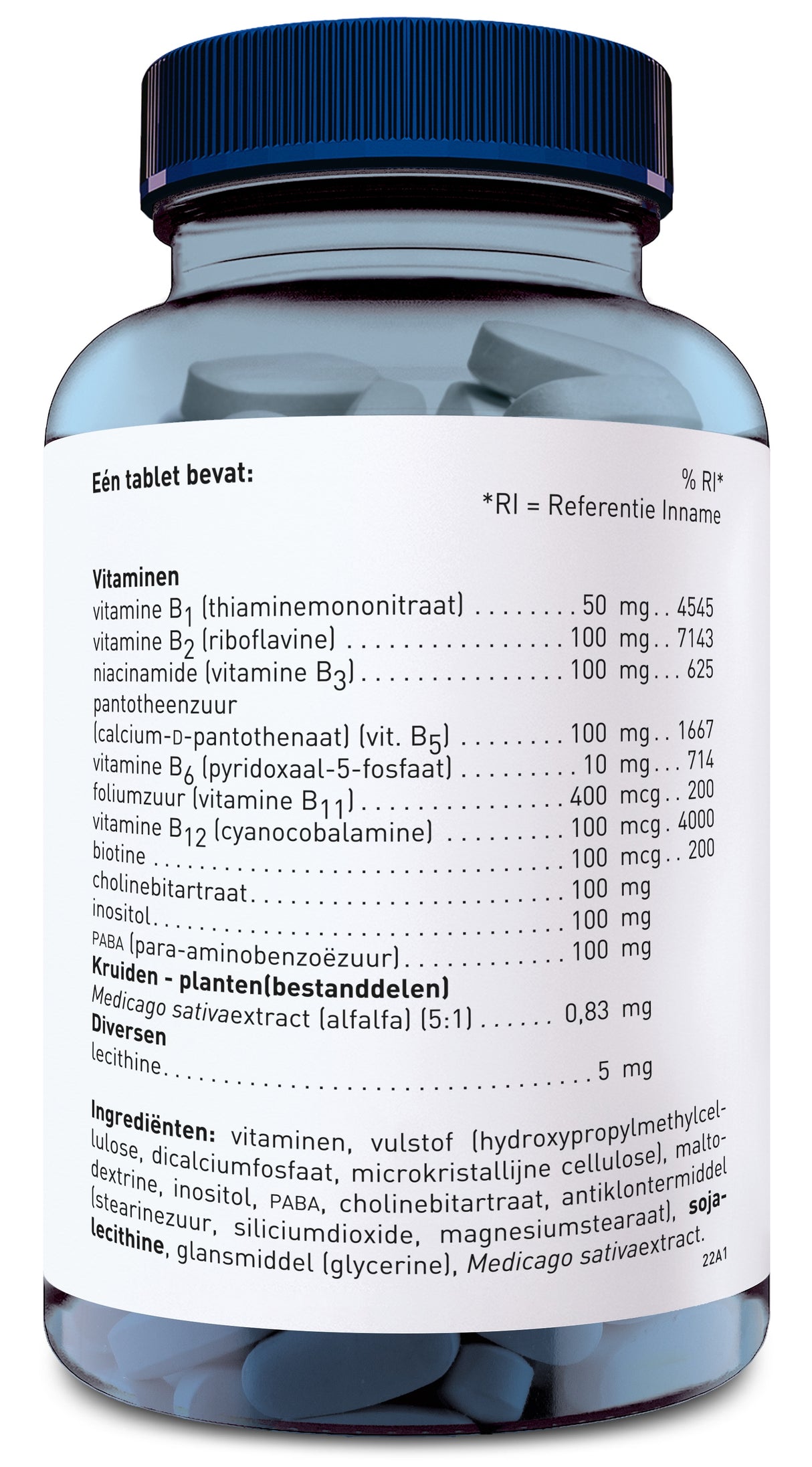 Das Bild zeigt eine durchsichtige Plastikflasche mit blauem Deckel, gefüllt mit weißen Tabletten. Auf dem Etikett stehen Informationen zu den Inhaltsstoffen, einschließlich Vitaminen und Pflanzenextrakten. Der Text ist in niederländischer Sprache verfasst.