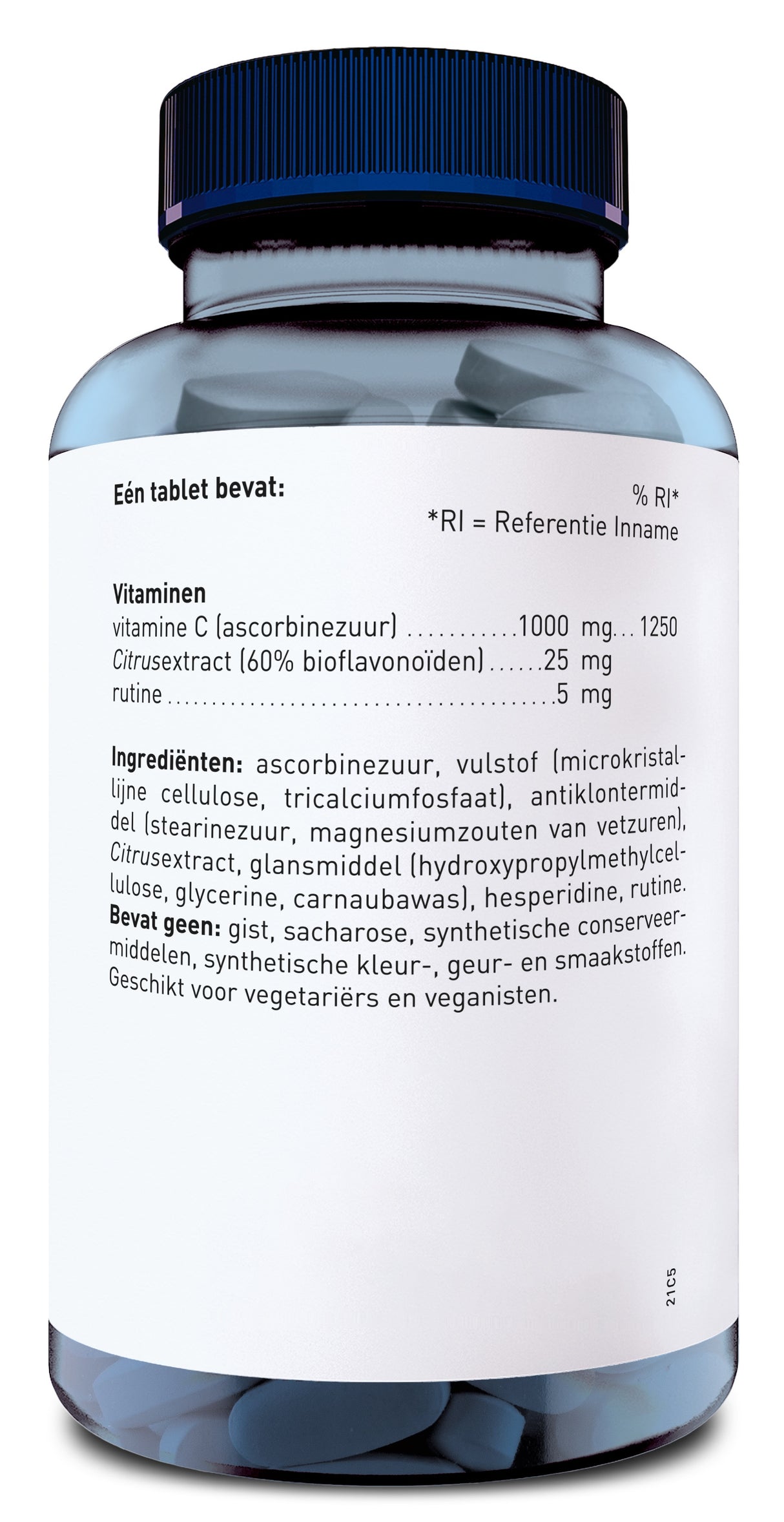 Das Bild zeigt eine Flasche mit weißen Tabletten und einem blauen Deckel. Auf dem Etikett steht in niederländischer Sprache, dass die Tabletten Vitamin C, Citrus-Extrakt und Rutin enthalten. Die Zutatenliste umfasst verschiedene Füllstoffe und Antiklumpmittel. Es wird darauf hingewiesen, dass das Produkt für Vegetarier und Veganer geeignet ist.