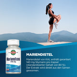 Werbung für Mariendistel-Kapseln von KAL mit 175 mg, Frau in Sportkleidung dehnt sich vor Berglandschaft.