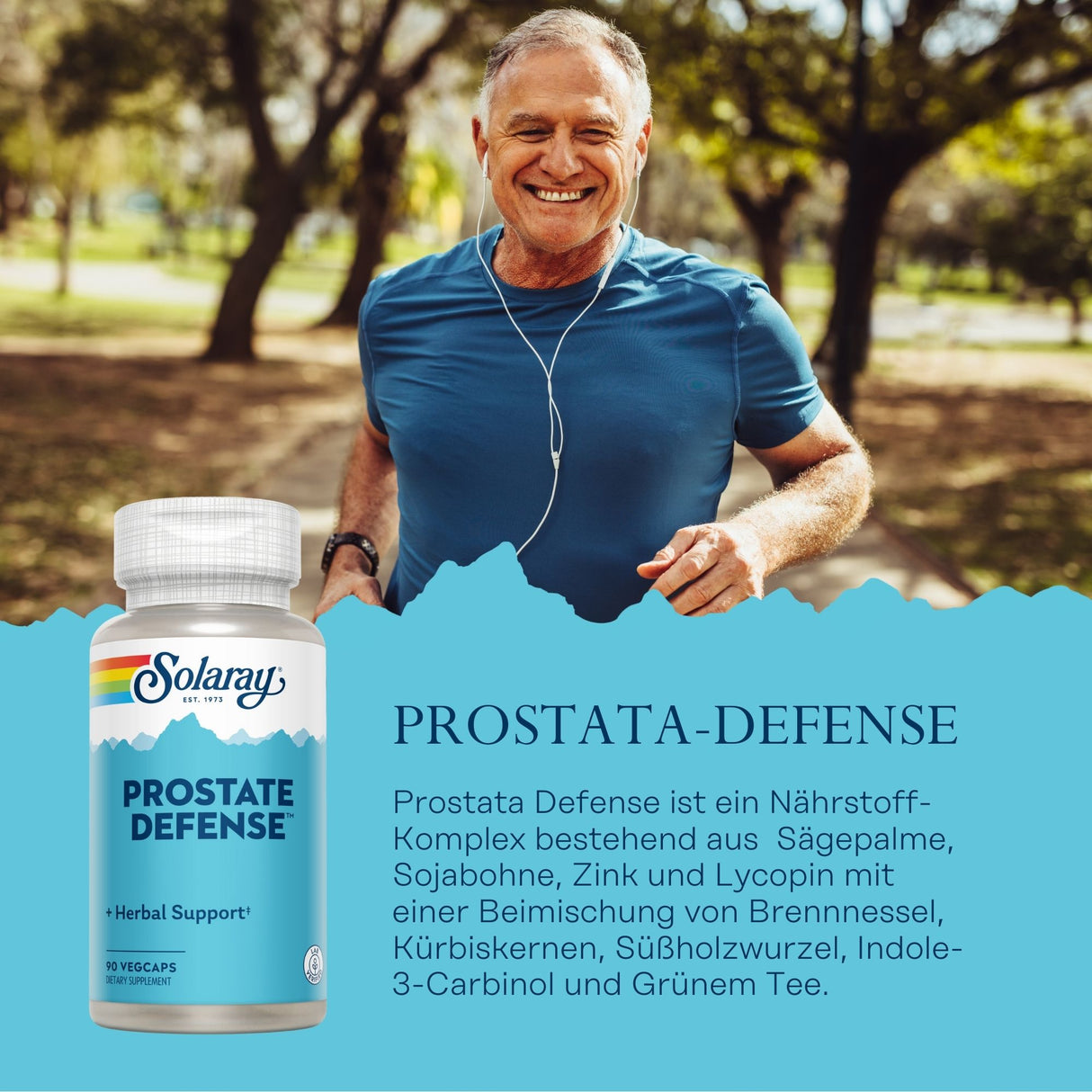 Ein älterer Mann joggt im Park, trägt blaue Sportkleidung und Ohrhörer. Links ist eine Flasche Solaray Prostate Defense abgebildet mit Inhaltsstoffen.